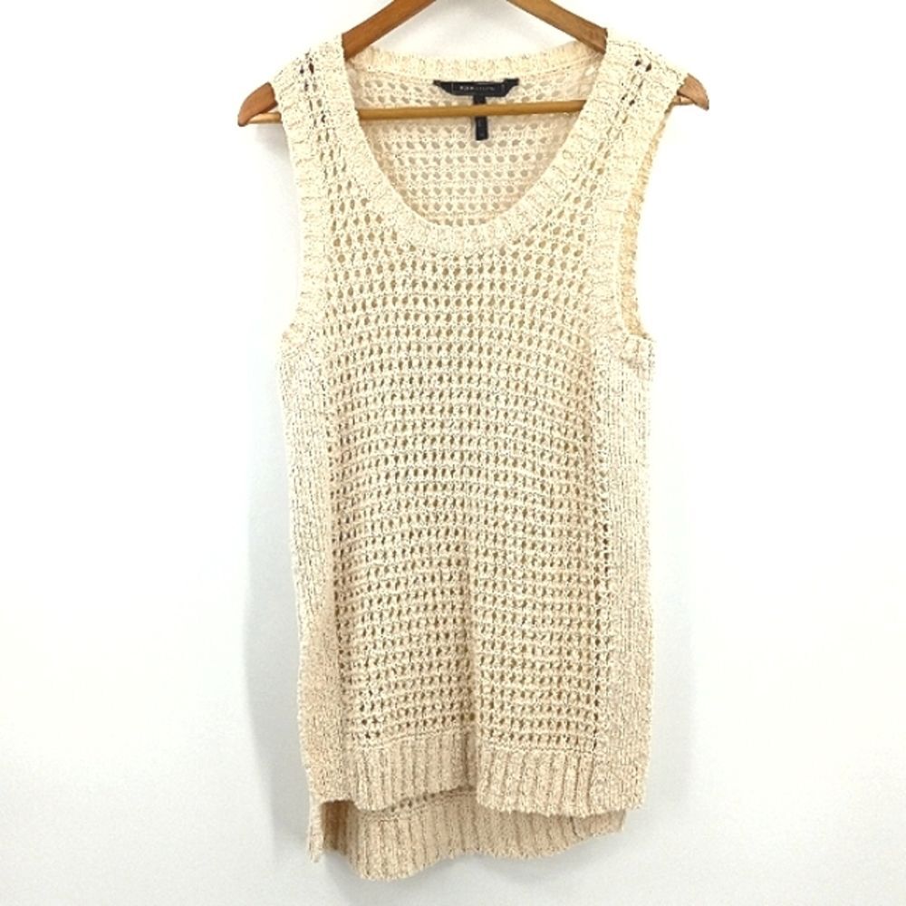 BCBGMaxAzria Sweater Vest Size M Cream Open Knit High Low Coastal Fishnet Mesh